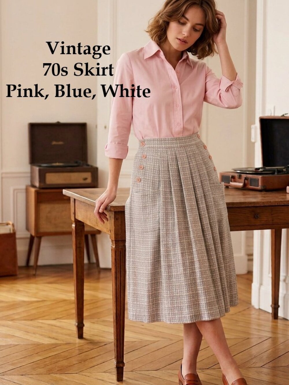 Vtg 70s Pleated Houndstooth Midi Skirt Button & Pocket Detail - Pink Blue White